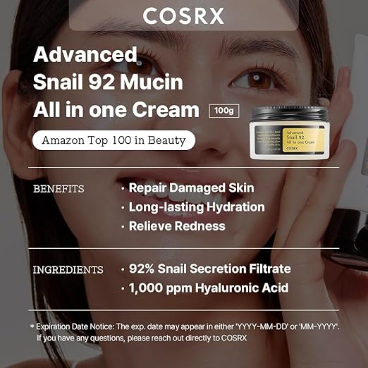 COSRX Snail Mucin 92% Repair Cream 100g Korean Moisturizer No Parabens Vegan