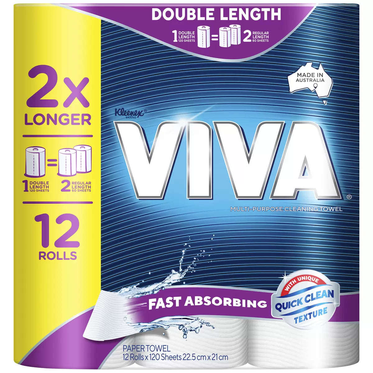Viva Paper Towels 12 x Double Length Rolls 120 Sheets Each Maximum Absorbency