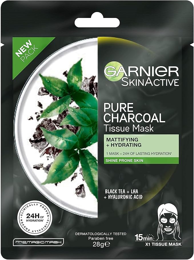 Garnier Face Mask 5x Pack SkinActive Pure Charcoal & Black Tea Tissue Mask