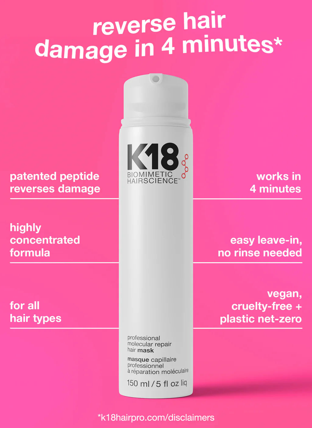 K18 150ml Leave-In Molecular Repair Mask Revolutionary Hair Repair for Damaged Strands