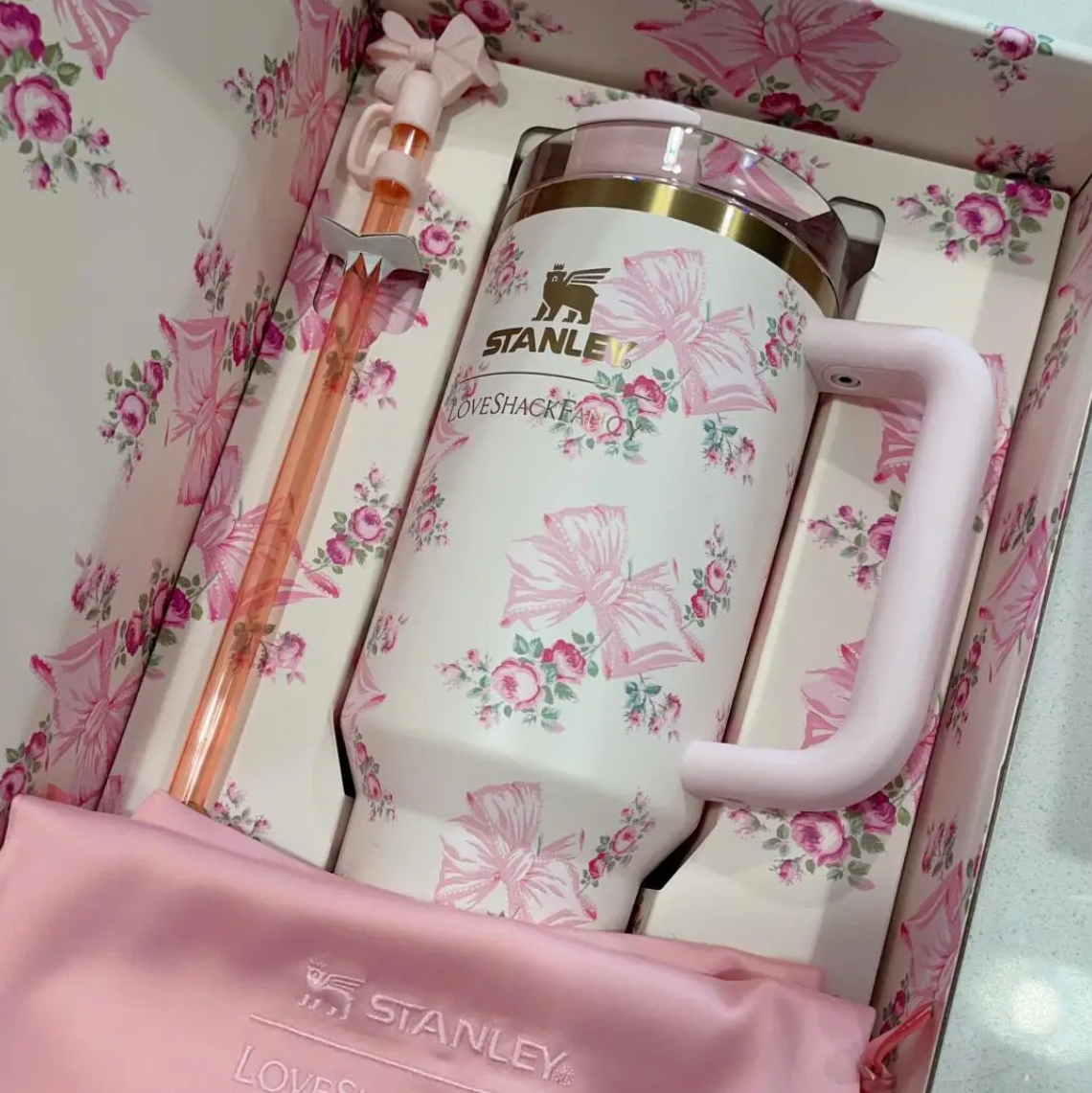 Pink 40oz Stanly Stainless Steel Vacuum Insulated Tumbler Cup with Lid & Straw