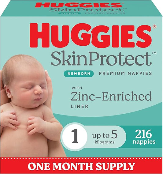 Huggies Size 1 Newborn Nappies Skin Protect Up to 5 kg 216 Count Bulk Pack