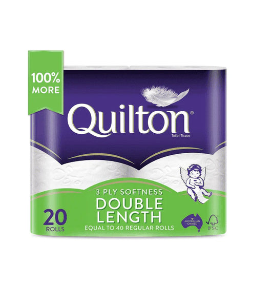 Pack of 20 Rolls Quilton 3-Ply Double Length Toilet Tissue 360 Sheets per Roll 11cm x 10cm