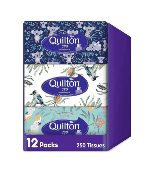 Quilton Pack of 12 Hypoallergenic 2-Ply Facial Tissues 250 Tissues per Pack