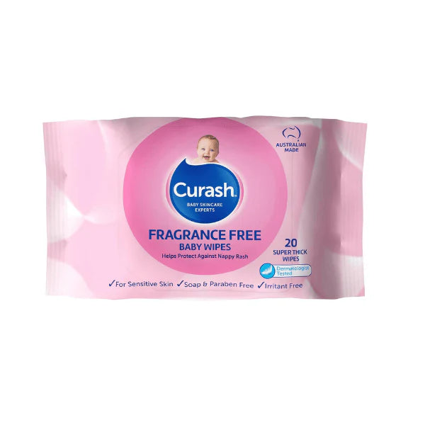 Curash Fragrance Free Baby Wipes pH Balanced and Alcohol Free 20 Wipes Travel Pack