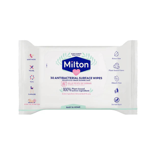 30 Pack  Milton Antibacterial Surface Wipes Plant Based Disinfectant Safe Around Babies