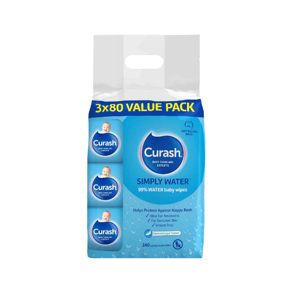 240 Wipes Curash Simply Water Baby Wipes pH Balanced 3x80