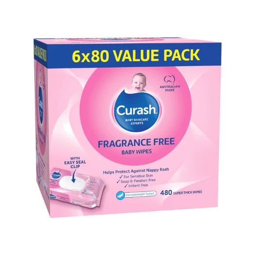 Curash Fragrance Free 480 Wipes Baby Wipes pH Balanced Sensitive Skin 6x80