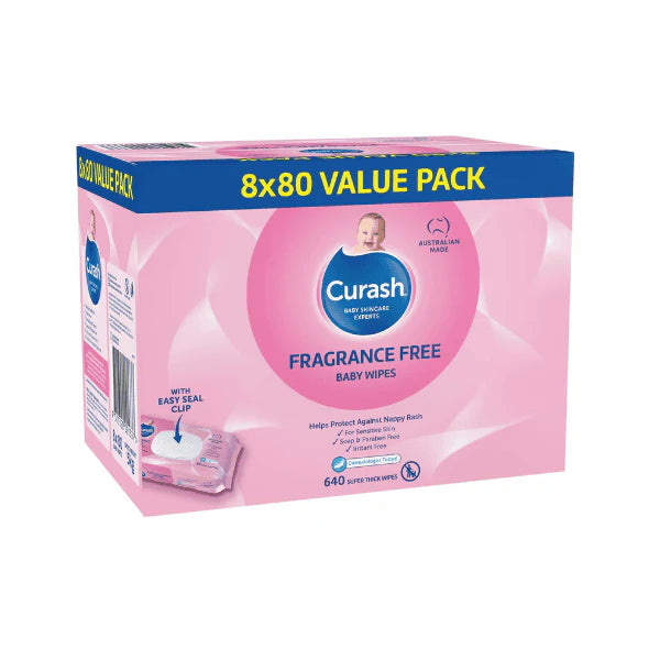 Curash Fragrance Free 640 Wipes Baby Wipes pH Balanced Sensitive Skin 8x80 Value Pack