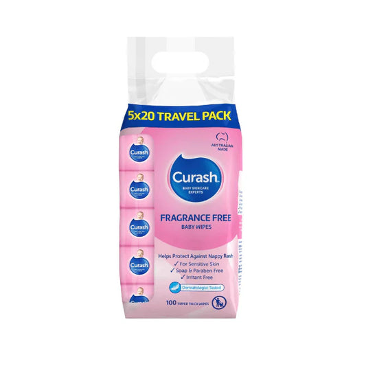 Curash 100 Wipes Fragrance Free Baby Wipes pH Balanced 5x20 Travel Pack