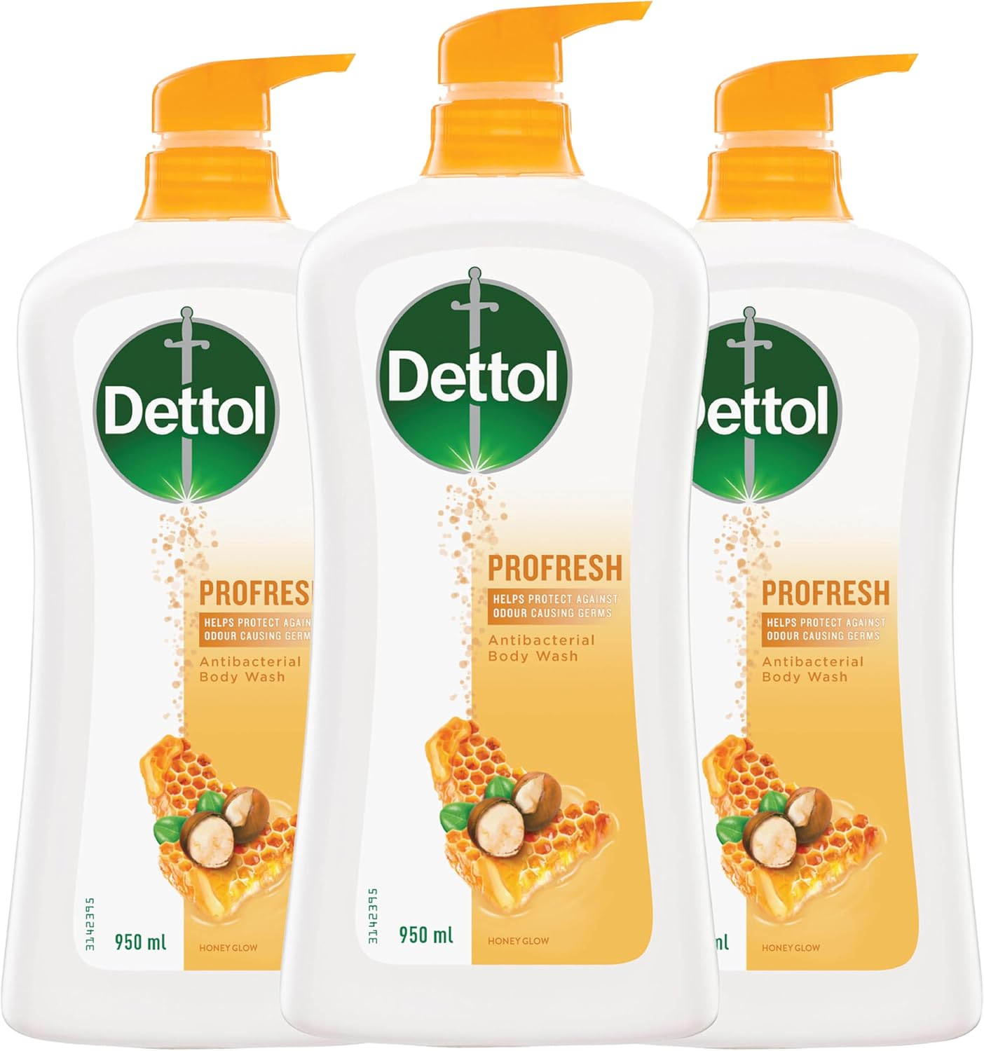 950mL 3 x Dettol Profresh Shower Gel Body Wash Honey Glow