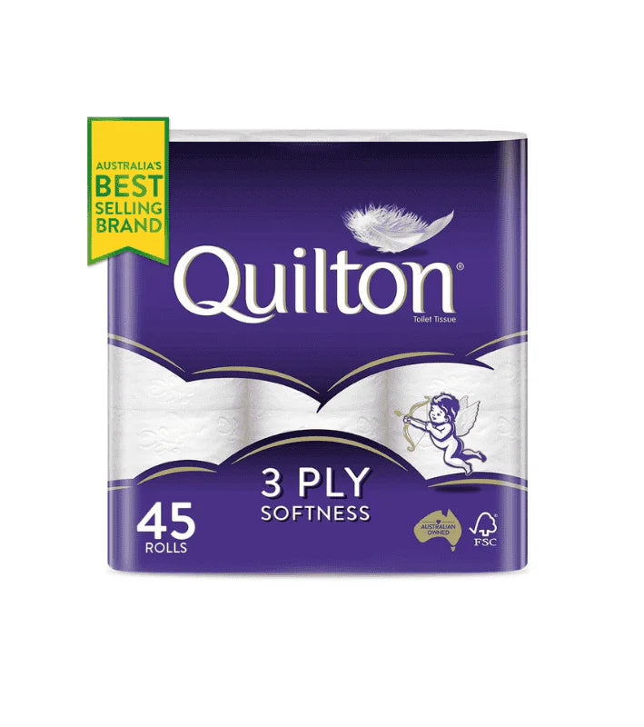 Pack of 45 Rolls Quilton 3-Ply Toilet Tissue 180 Sheets per Roll 11x10cm 9 Packs of 5