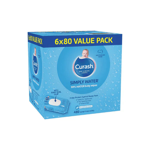 480 Wipes Curash Simply Water Baby Wipes pH Balanced Hypoallergenic 6x80 Value Pack