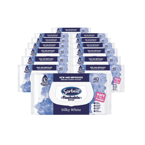 Pack of 14 White Flushable Sorbent Silky Wipes 40 Sheets