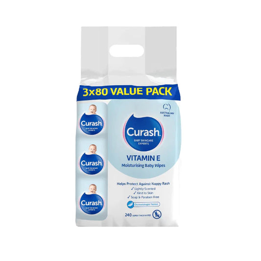 Curash Vitamin E Baby Wipes: Gentle  240 Wipes (3 x 80 Pack) pH-Balanced and Irritant-Free