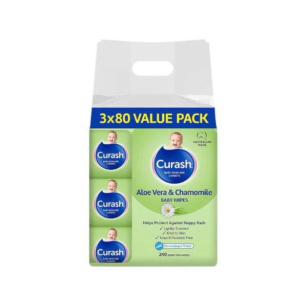 Curash Aloe Vera & Chamomile Baby Wipes Gentle for Newborns Soap 3 x 80 Pack Alcohol & Paraben Free