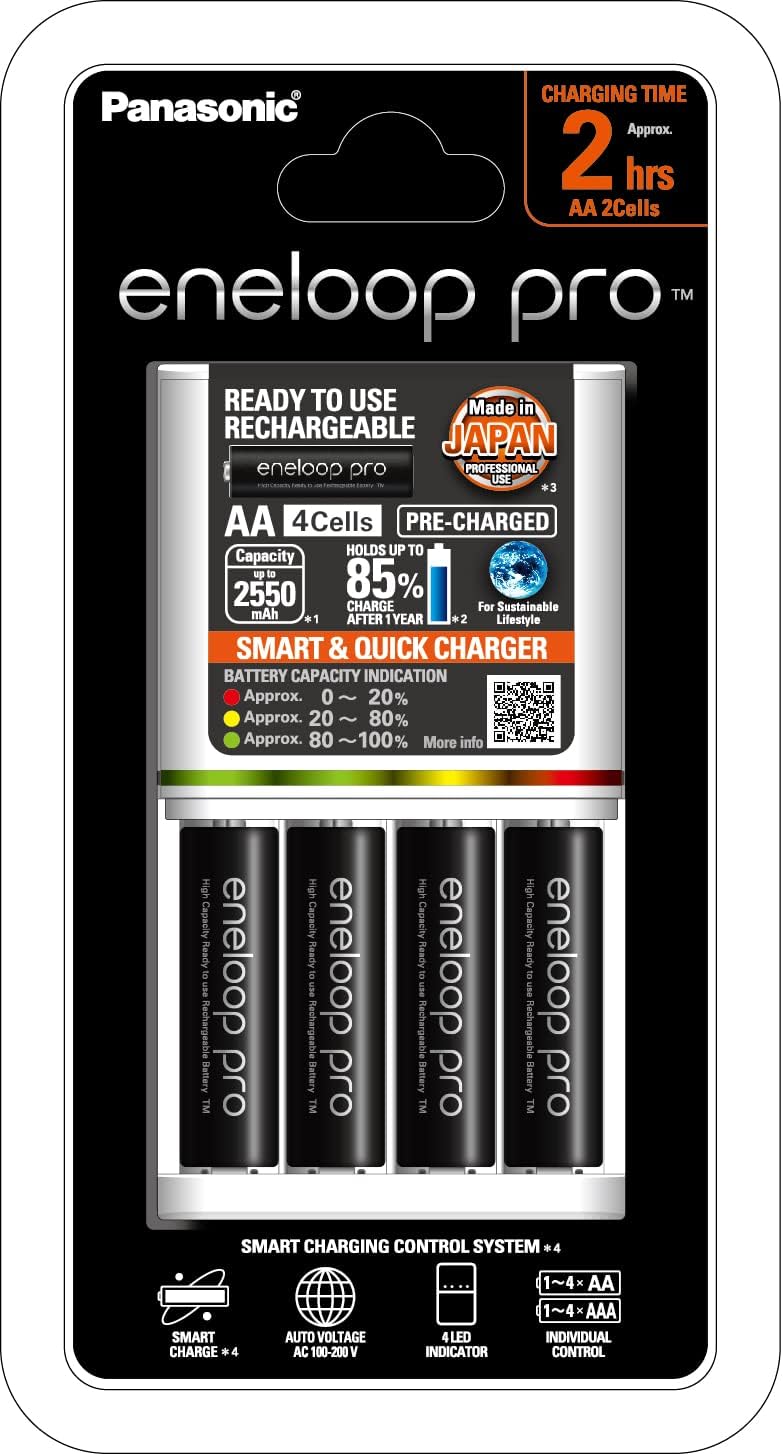 Panasonic Pro Batteries Eneloop Quick Battery Charger for AA and AAA with 4 AA Eneloop