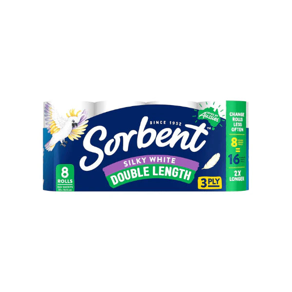 Sorbent Double Length Silky Toilet Tissue 3 Ply White Pack of 8