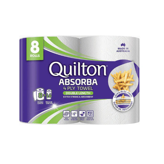 Pack of 8 Quilton Absorba Double Length white Paper Towel Rolls