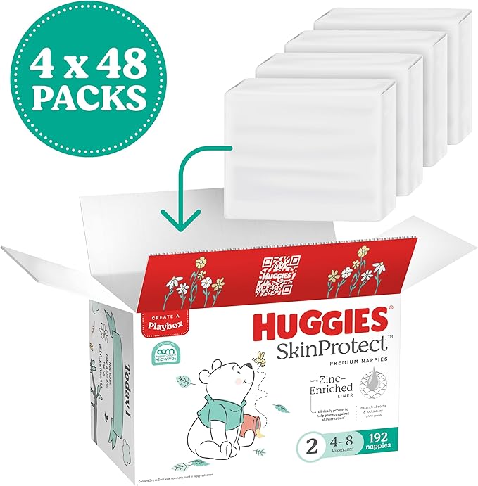 Huggies Infant Nappies Size 2 Skin Protect 4–8 kg 192 Count Bulk