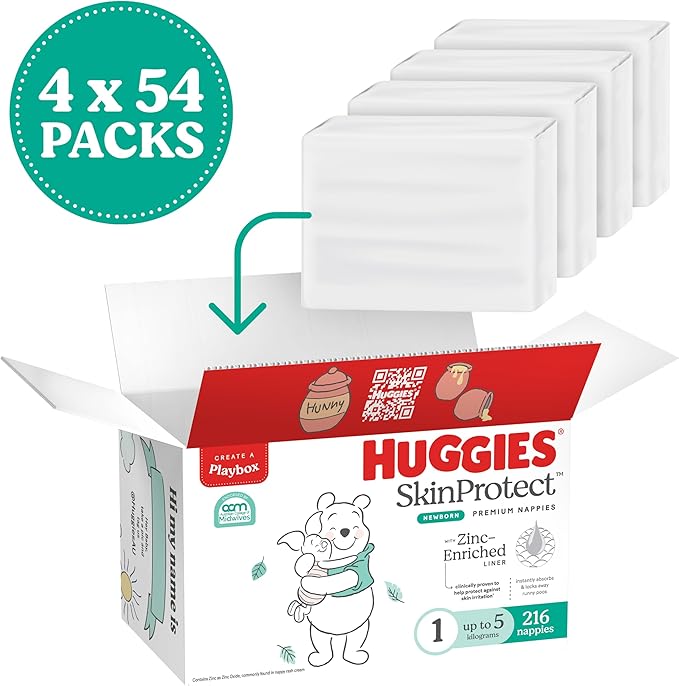 Huggies Size 1 Newborn Nappies Skin Protect Up to 5 kg 216 Count Bulk Pack