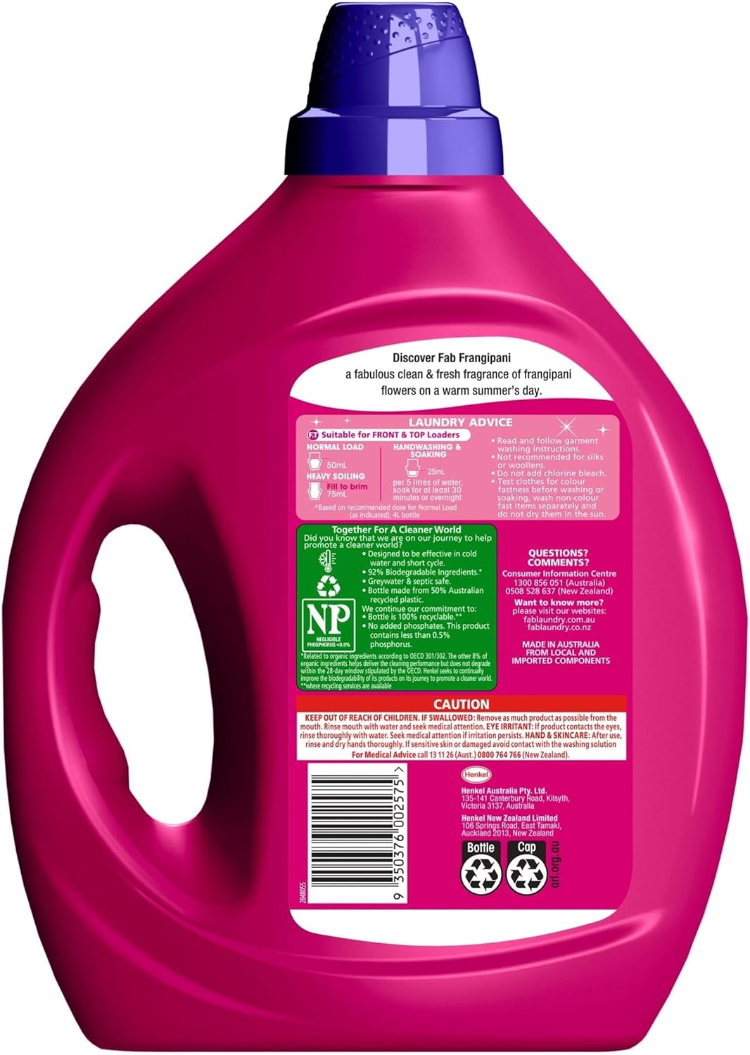 Fab Fresh Frangipani Front and Top Loader 4L Liquid Laundry Detergent