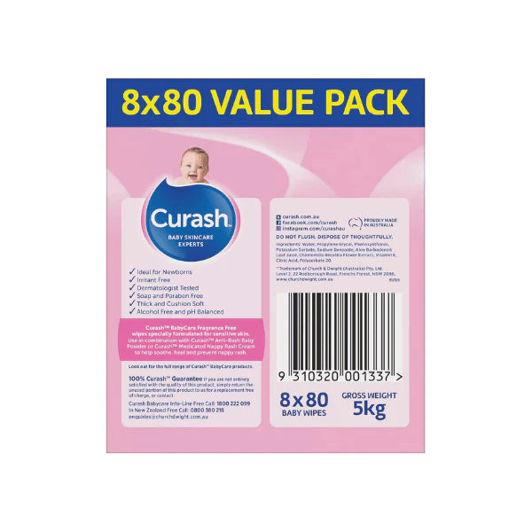 Curash Fragrance Free 640 Wipes Baby Wipes pH Balanced Sensitive Skin 8x80 Value Pack