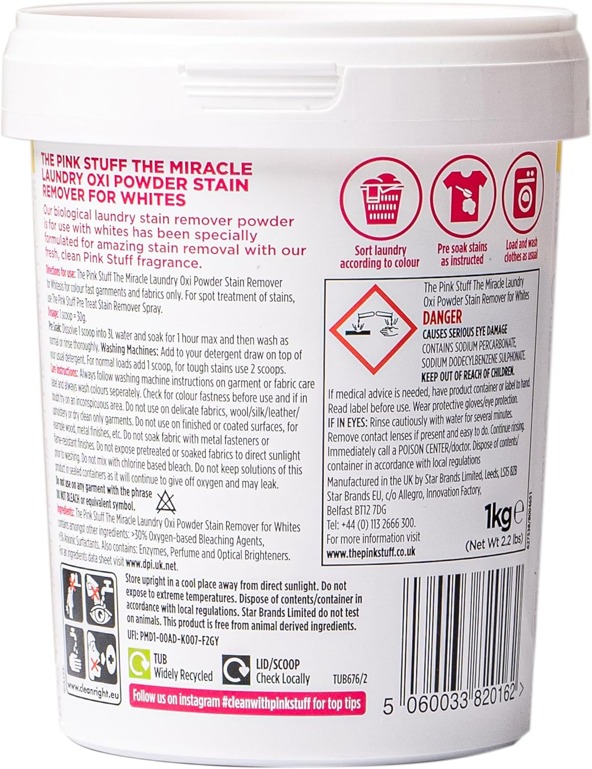 The Pink Stuff 1kg Oxi Powder Powerful Stain Remover for Whites