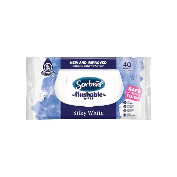 Pack of 14 White Flushable Sorbent Silky Wipes 40 Sheets