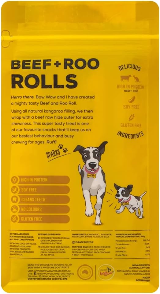 Beef and Roo Rolls Dog Treats Bow Wow 4 Pack Delicious Chews for Dogs