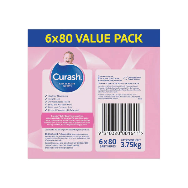 Curash Fragrance Free 480 Wipes Baby Wipes pH Balanced Sensitive Skin 6x80