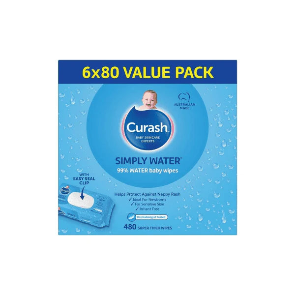 480 Wipes Curash Simply Water Baby Wipes pH Balanced Hypoallergenic 6x80 Value Pack