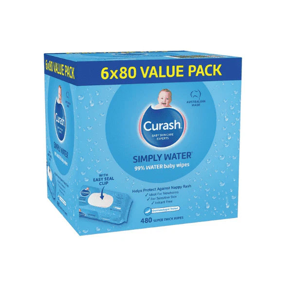 480 Wipes Curash Simply Water Baby Wipes pH Balanced Hypoallergenic 6x80 Value Pack