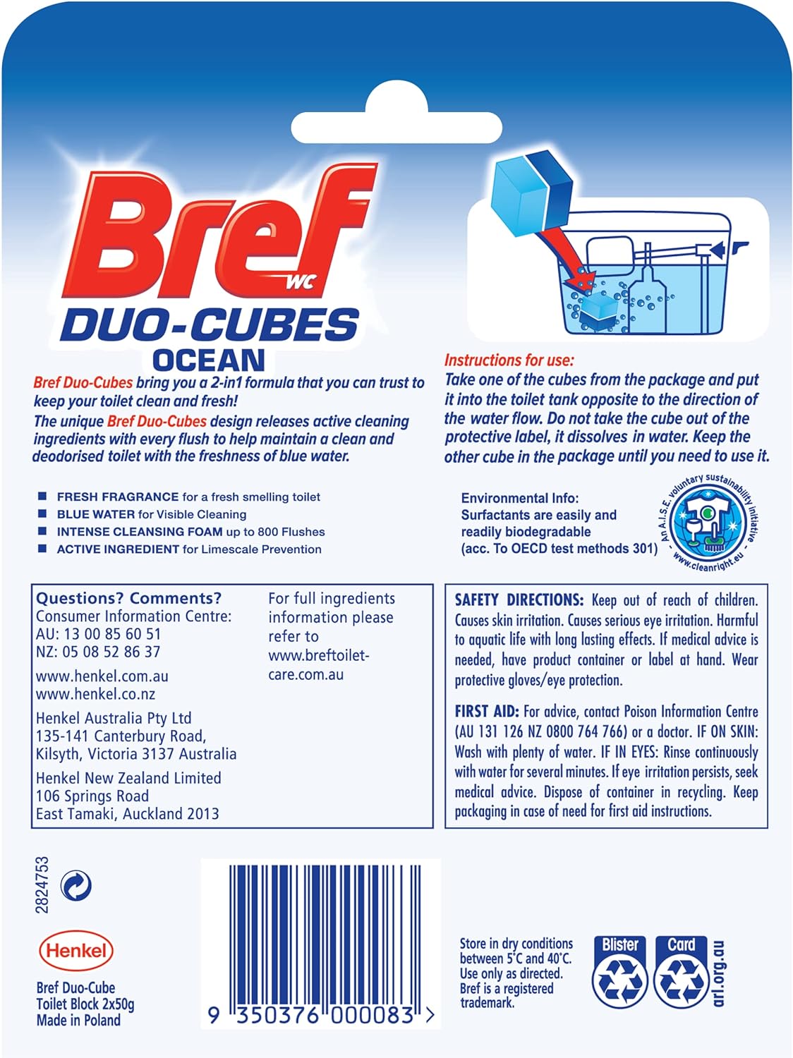 Blue Water 100g Bref Duo Cubes Original In-Cistern Toilet Cleaner