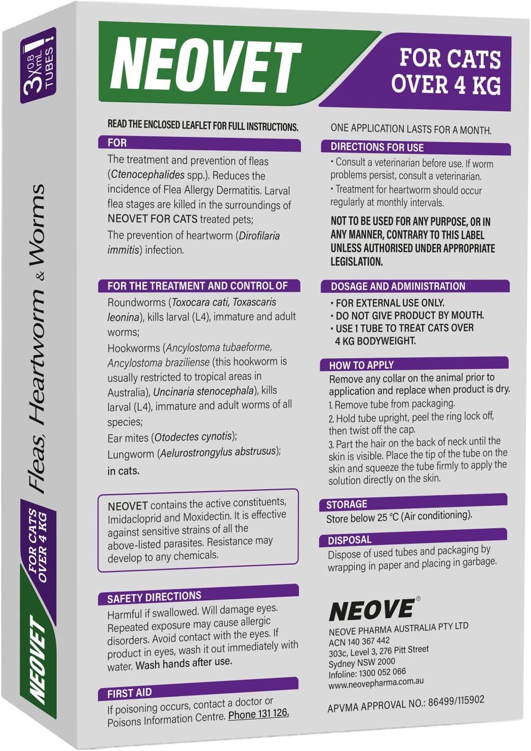 NEOVET FOR CATS OVER Flea & Worm Treatment 4KG 3 PACK