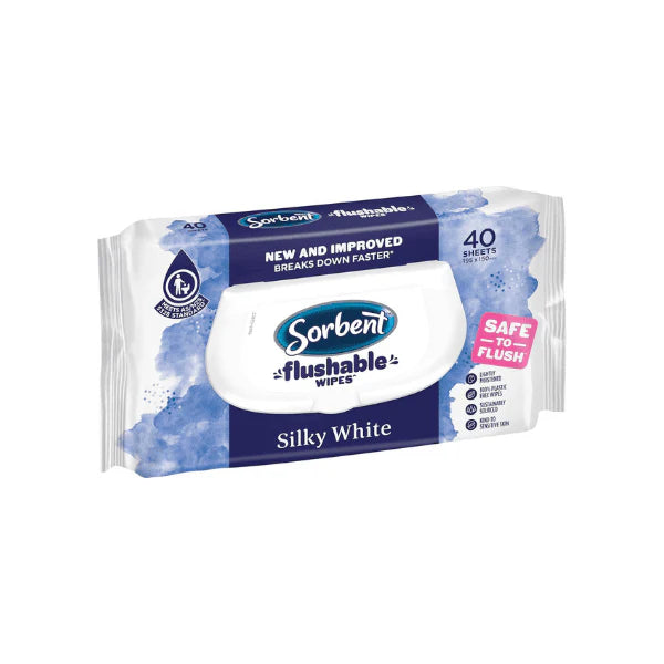 Pack of 14 White Flushable Sorbent Silky Wipes 40 Sheets