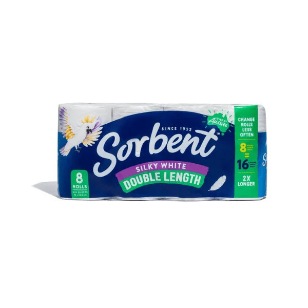 Sorbent Double Length Silky Toilet Tissue 3 Ply White Pack of 8