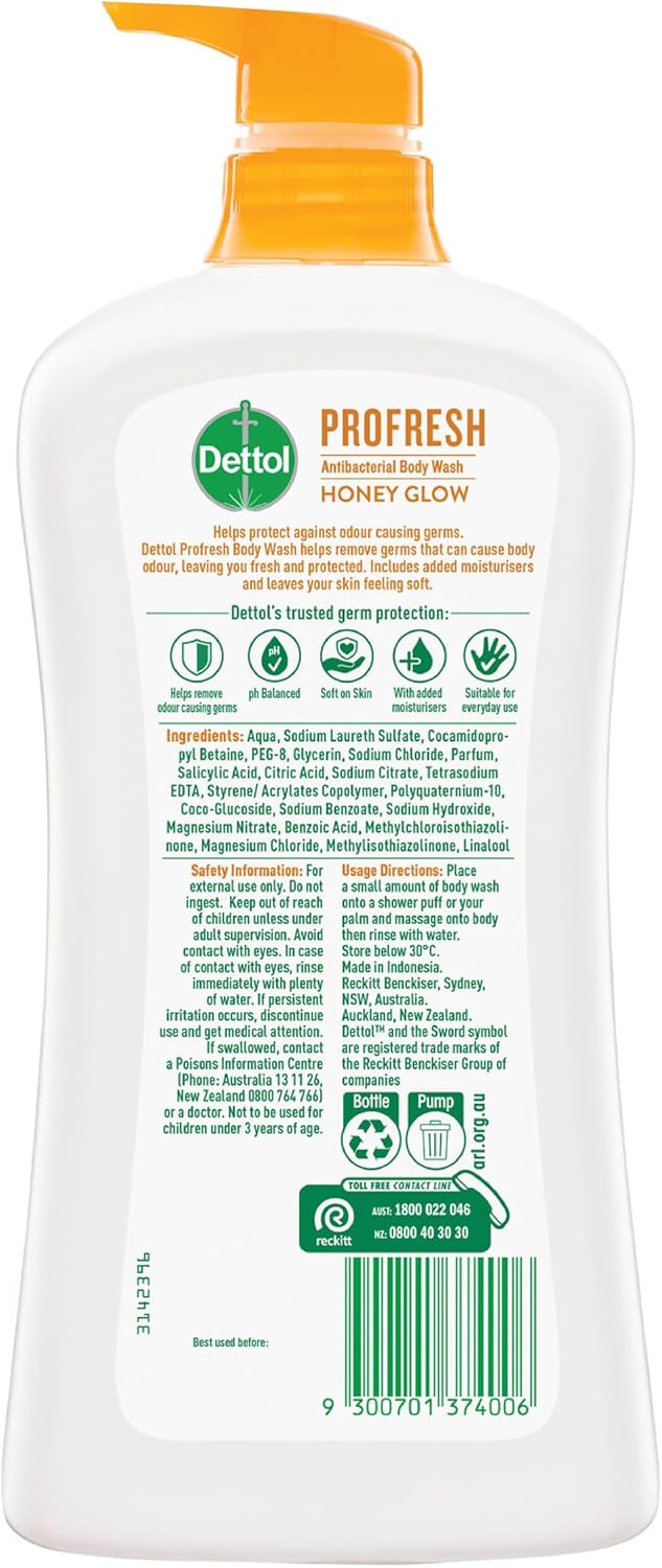 950mL 3 x Dettol Profresh Shower Gel Body Wash Honey Glow