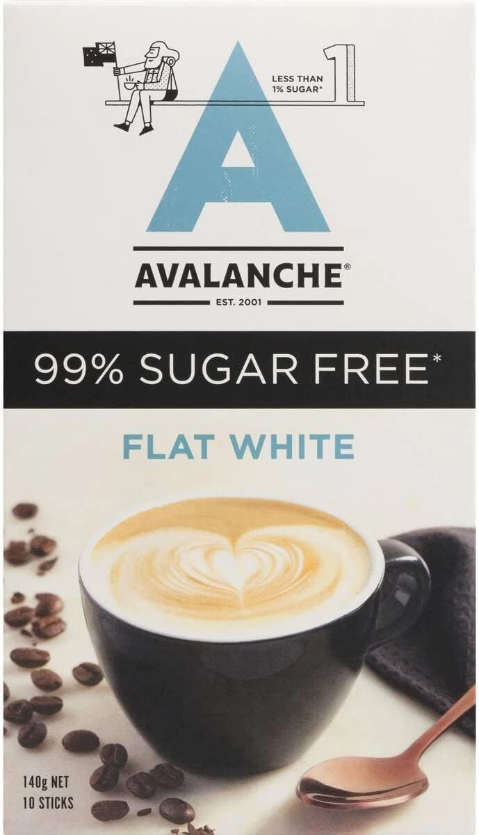 Avalanche White 10 Coffee Sticks 99% Sugar Free Flat 140 g