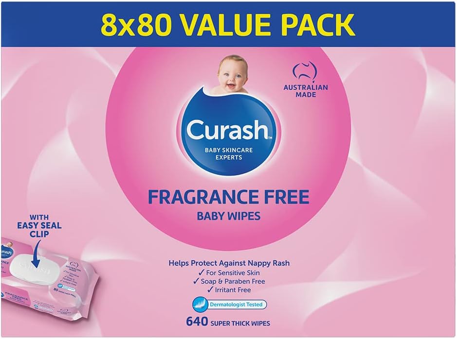 Curash Fragrance-Free Baby Wipes - 8 x 80 Value Pack (640 Wipes) - Ideal for Newborns - pH Balanced for Sensitive Skin - Soap, Alcohol, Paraben & Irritant Free