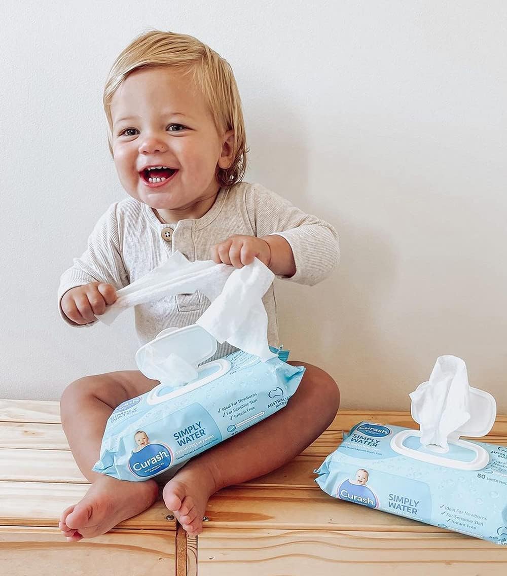 Curash Baby Wipes Simply Water, Ideal for Newborns, pH Balanced, Thick and Soft, Free from Soap, Alcohol, Parabens & Irritants, 6 x 80 Value Pack (480 Wipes)