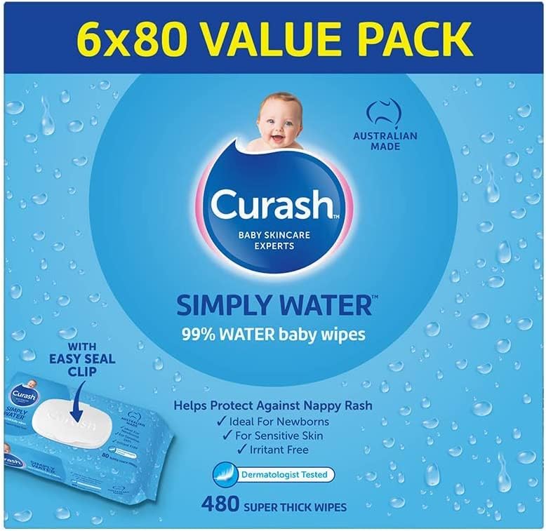 Curash Baby Wipes Simply Water, Ideal for Newborns, pH Balanced, Thick and Soft, Free from Soap, Alcohol, Parabens & Irritants, 6 x 80 Value Pack (480 Wipes)