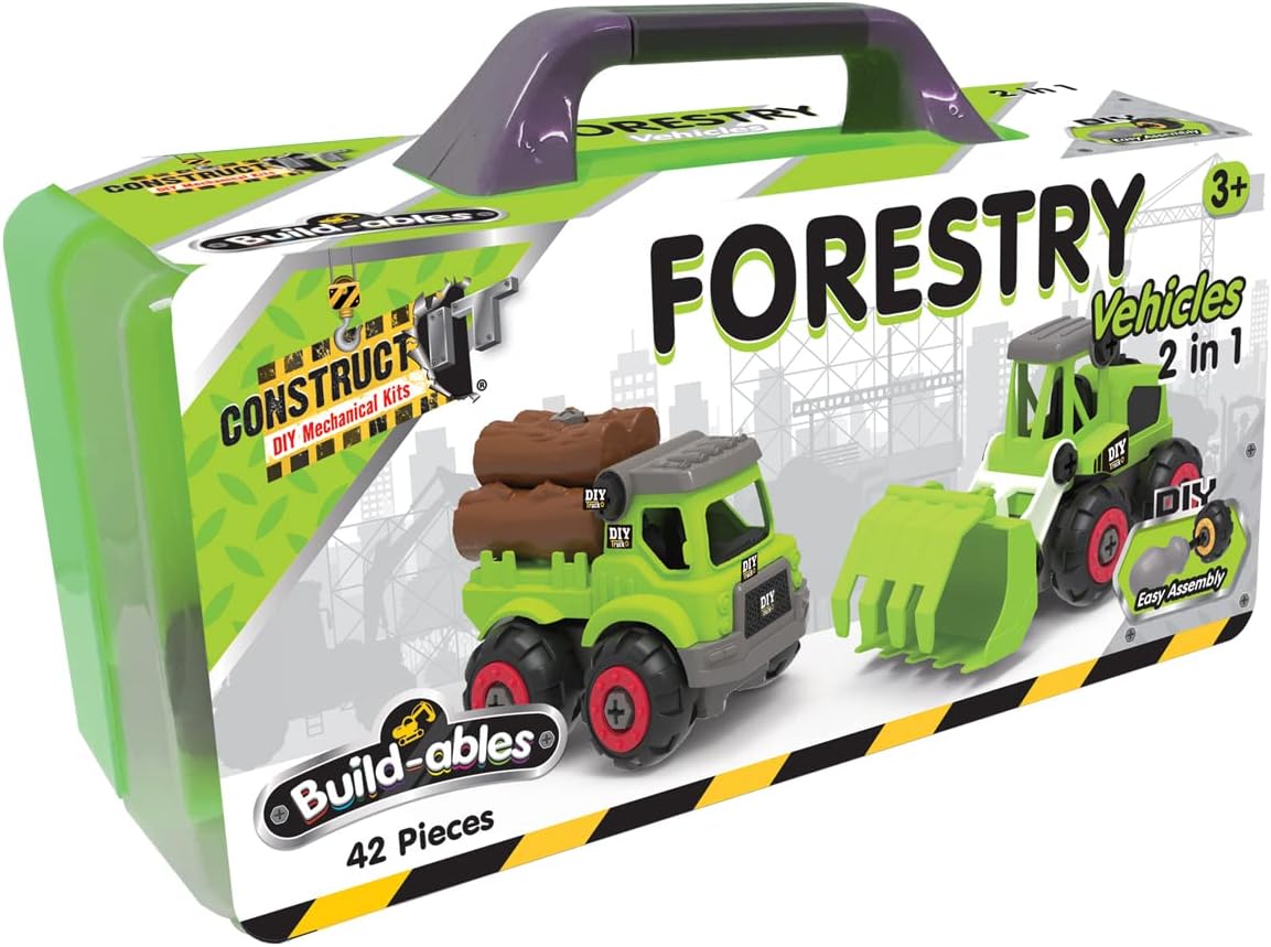 2-in-1 Forestry Vehicles Construction Set - 42 Pieces STEM Buildables for Kids 3+