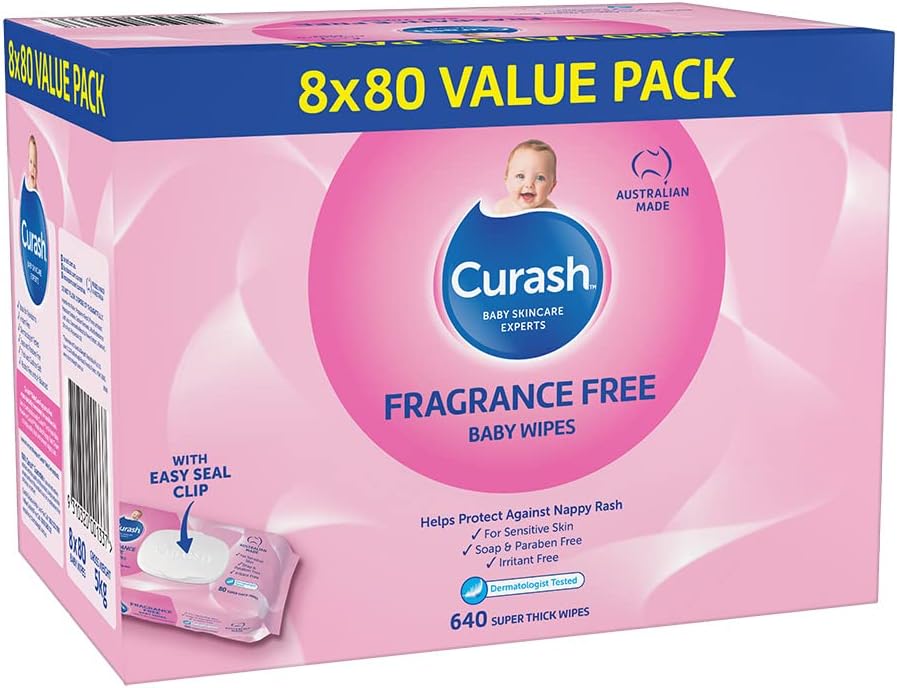 Curash Fragrance-Free Baby Wipes - 8 x 80 Value Pack (640 Wipes) - Ideal for Newborns - pH Balanced for Sensitive Skin - Soap, Alcohol, Paraben & Irritant Free