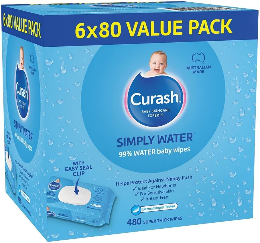 Curash Baby Wipes Simply Water, Ideal for Newborns, pH Balanced, Thick and Soft, Free from Soap, Alcohol, Parabens & Irritants, 6 x 80 Value Pack (480 Wipes)