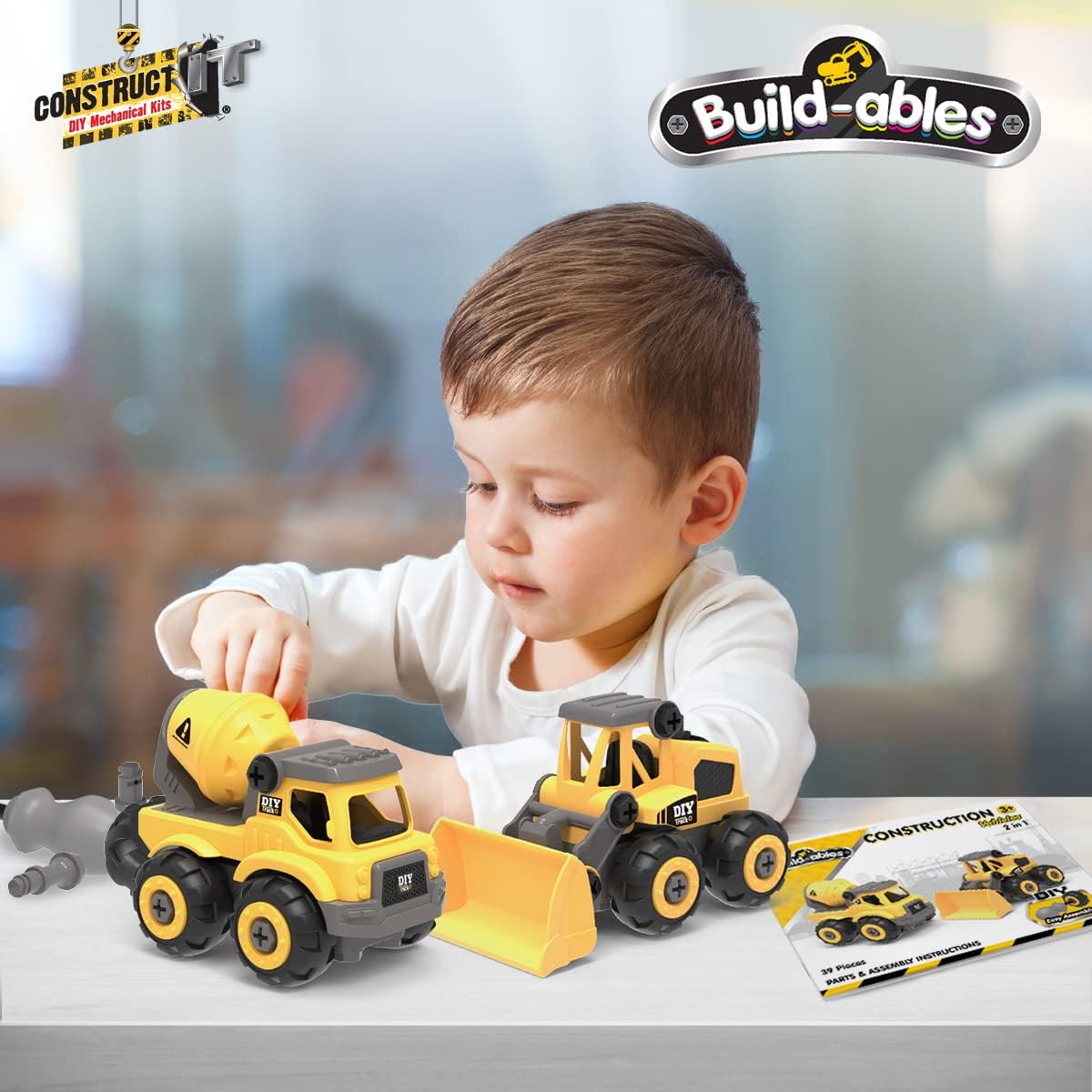 2-in-1 Digger & Cement Truck Construction Set - 39 Pieces STEM Buildables for Kids 3+