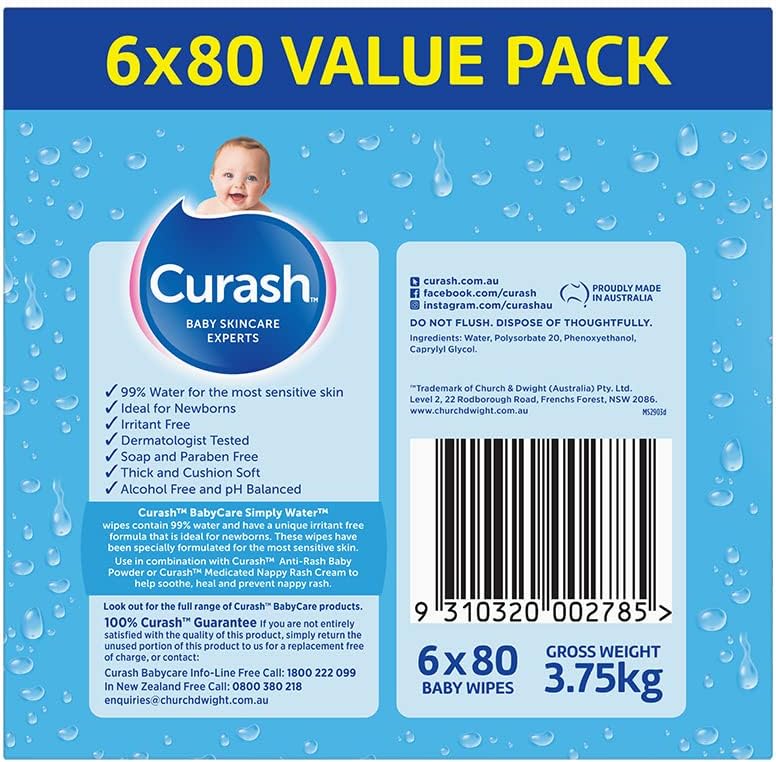 Curash Baby Wipes Simply Water, Ideal for Newborns, pH Balanced, Thick and Soft, Free from Soap, Alcohol, Parabens & Irritants, 6 x 80 Value Pack (480 Wipes)