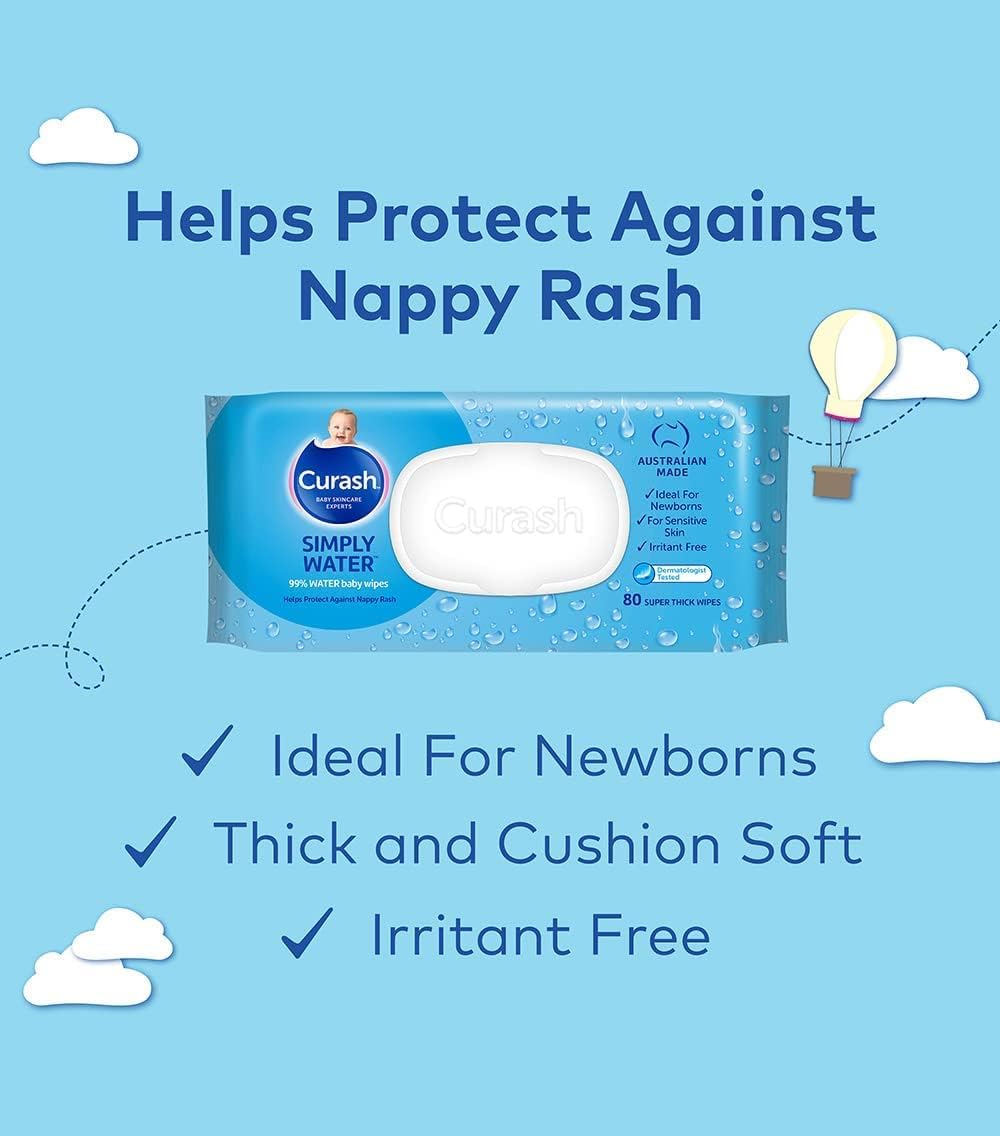 Curash Baby Wipes Simply Water, Ideal for Newborns, pH Balanced, Thick and Soft, Free from Soap, Alcohol, Parabens & Irritants, 6 x 80 Value Pack (480 Wipes)