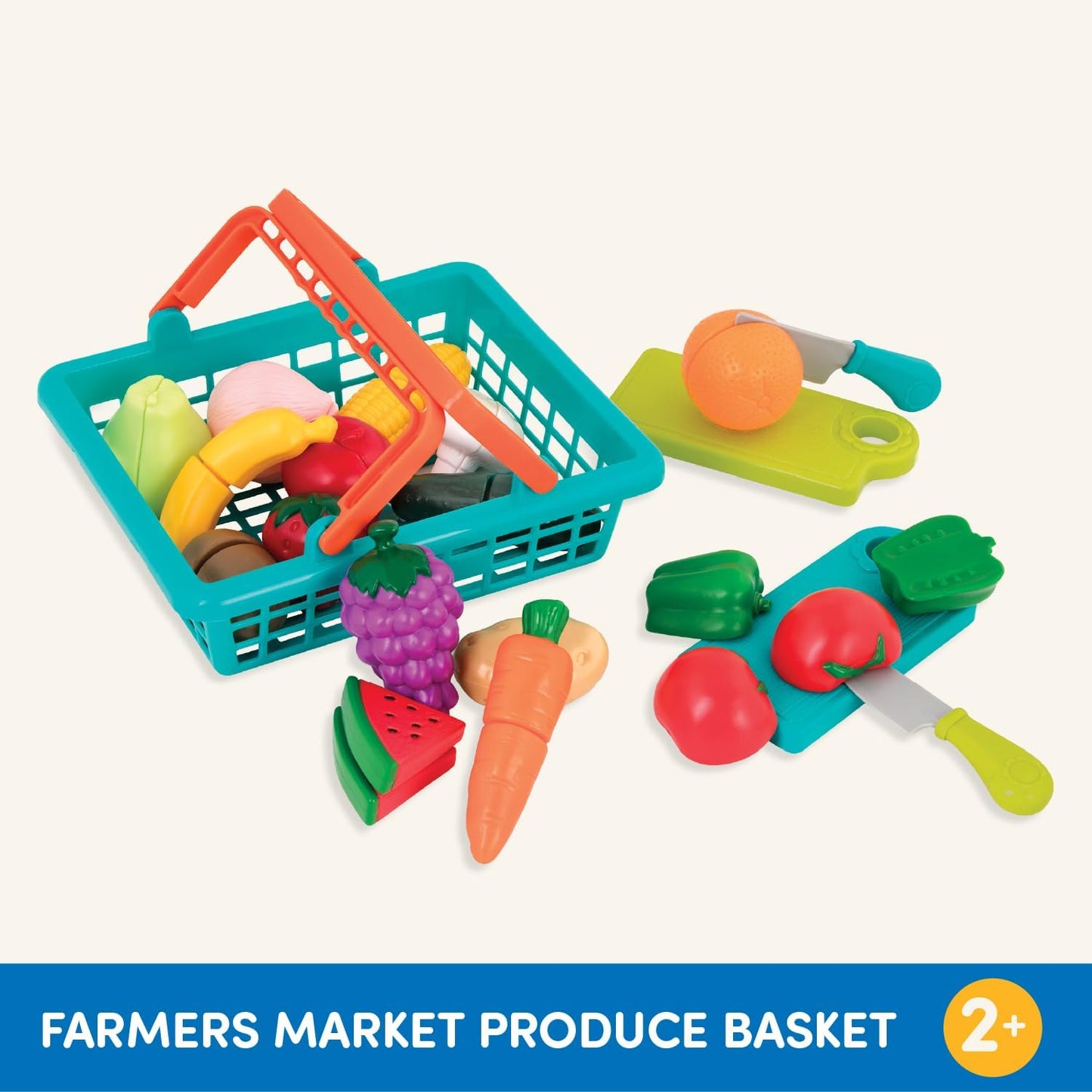 Battat Farmers Market Basket - 37-Pc Pretend Cutting Play Food Set for Toddlers 3+