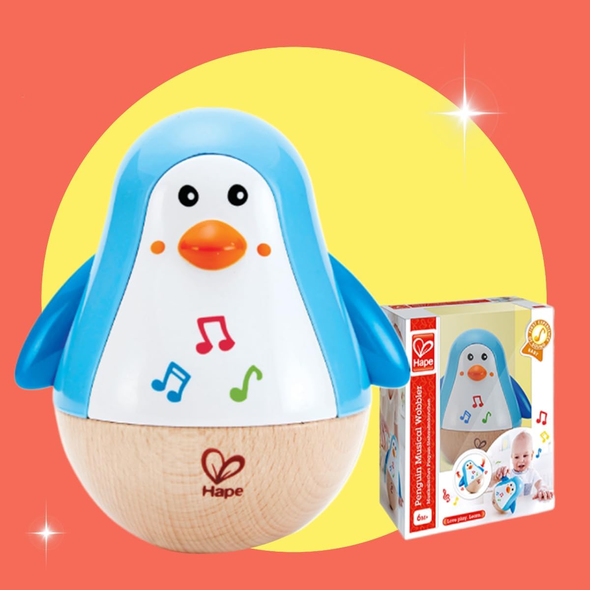 Hape Penguin Musical Wobbler - Educational Wooden Toy for Kids/Babies 12m+